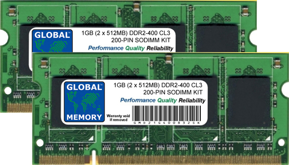 1GB (2 x 512MB) DDR2 400MHz PC2-3200 200-PIN SODIMM MEMORY RAM KIT FOR LAPTOPS/NOTEBOOKS